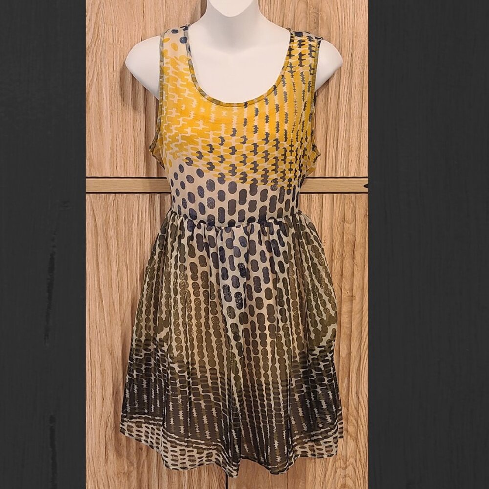 Xhilaration Yellow, Olive, Navy Polka Dot Sleeveless Fit & Flare Dress – Size M